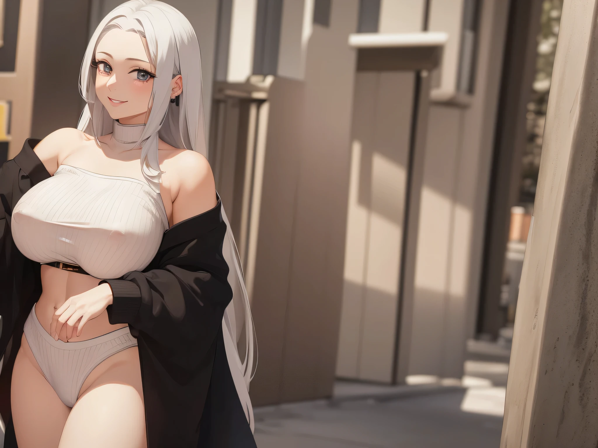 ((best quality)), ((masterpiece)), (detailed), 1 Girl, Off-shoulder sweater, ,Smiled happily,White hair,gentle,Anime style,Long hair,K cup,Revealing clothes,Showing breasts,on the street,clear nipples,Hands behind your back