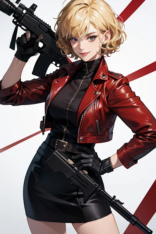 A blonde short-haired mature woman with a curly haircut wearing a black tight skirt, a red leather jacket and brown gloves smiles with a submachine gun in her hand