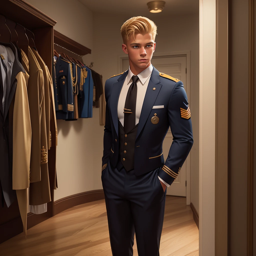 Illustration in the style of Leyendecker: A handsome blond boy, ************, dressed only in swimming trunks, looks at the dress SEAL officer's uniform with awards, which hangs on a suit hanger on the floor. A muscular blond SEAL officer is watching him from behind, 35 years old, dressed only in string, handsome and arrogant.