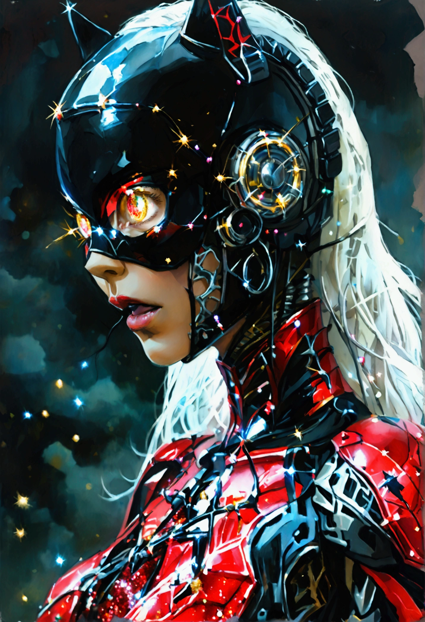 full body , a black bat next to a robot female cyborg , mouth open roaring, titanium red armor with light and glitter, long silver hair with light skulls on hair, text and painting tattoos on the face, snake lightening eyes with one eye closed, cosmos eyes, next to a black spider, highly detailed fur (vectorized) red lightening eyes, detailed skin, image is compelling with dynamic composition and dark posing. Include many fantasy details such as bumps, phantasmal iridescence, glitter, galaxy, cosmos, void energy color, ((dark celestialskin body, void cosmic body)), (((dark background))), (((lights off))), (((hollywood dark))), horror, dramatic shadows, (in a dark fantasy space:1.3, glitter, sparkle, gleam) vector digital illustration, ()sharp