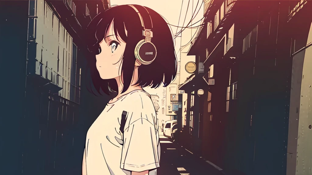 (low contrast), (lofi), (1 girl, black hair, white t-shirts, headphone), (back alleys of the city), (summer)