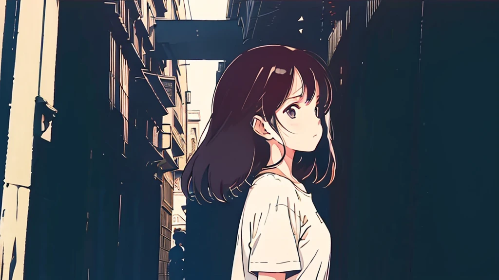 (low contrast), (lofi), (1 girl, black hair, white t-shirts, headphone), (back alleys of the city), (summer)