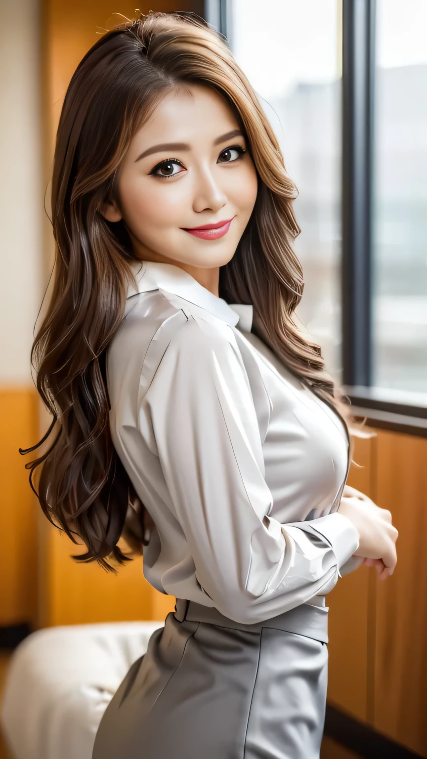 Highest quality, High resolution, realism, Original photo, 8k wallpaper, Perfect perfection, Professional Lighting, Very detailed, beautiful woman with depth of field)), A full-body photo from head to toe、full body shot、((A 30-year-old neat and tidy female teacher)), ((Smiling face looking at the audience)), Detailed face, Beautiful Eyes, Beautiful medium sized breasts、Wide ass、Good style, (Sexy look), Very light brown hair、Lightly wavy hair、 (Thick lips)、Silk collar blouse、Grey pencil skirt、School corridor、Turning around、Exquisitely detailed face, Eyes for exquisite detail,