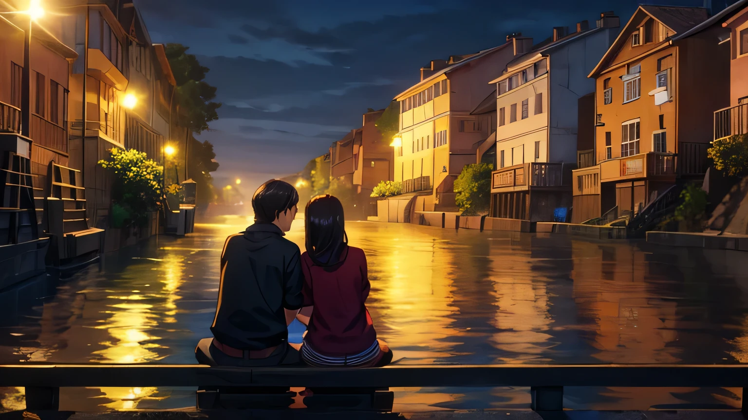 couple sitting looking at the sky at night on the bank of a river