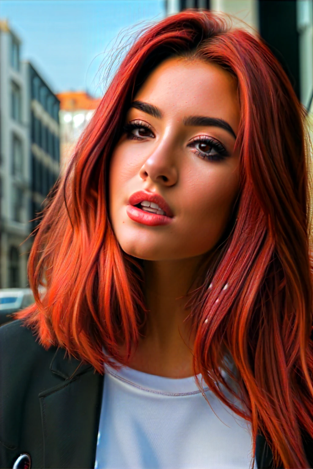 beautiful girl, half body portrait, long red hair, (Streetwear style:1.2), (city background:1.2), Digital art, trending on artstation, highly detailed, Fine detail, difficult, beautiful detailed glow, detailed, Ultra-realistic, a high resolution, detailed facial features,Sharp Focus, smooth, aesthetic,