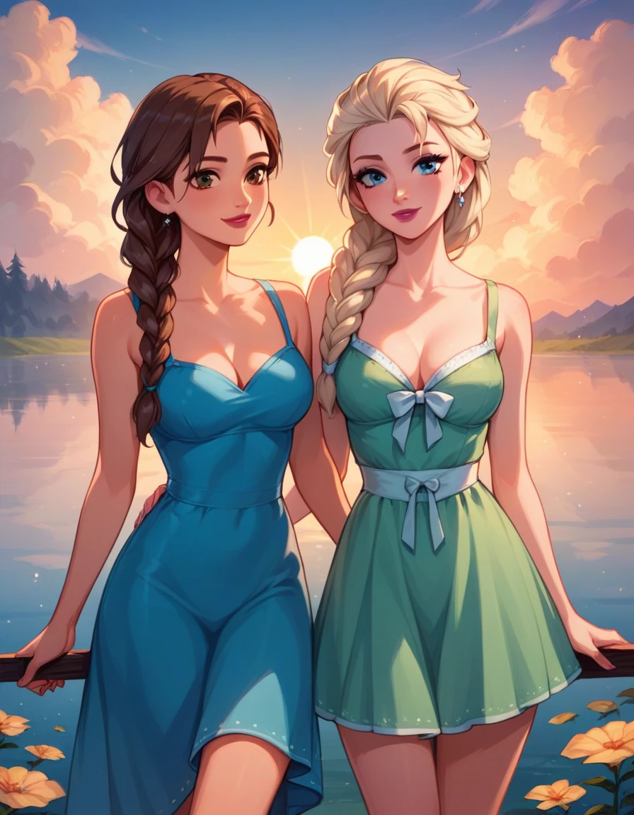 score_9, score_8_up, score_7_up, score_6_up, 2girls, elsa (blonde hair, braid, blue skirt and white front tie wrap blouse:1.1) and anna (brown hair, braided pigtails, green sundress:1.3),, romantic scenes, on dates, ,at the lake, lovers, in love, cinematic lighting,, sunset, cowboy shot.