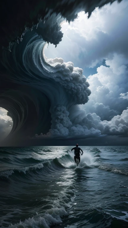 "A dramatic scene showing people running away from a massive hurricane and tsunami. The image should depict water flooding the city, buildings being destroyed, and chaotic scenes of destruction. The sky should be dark and stormy, with visible waves crashing into the city."
