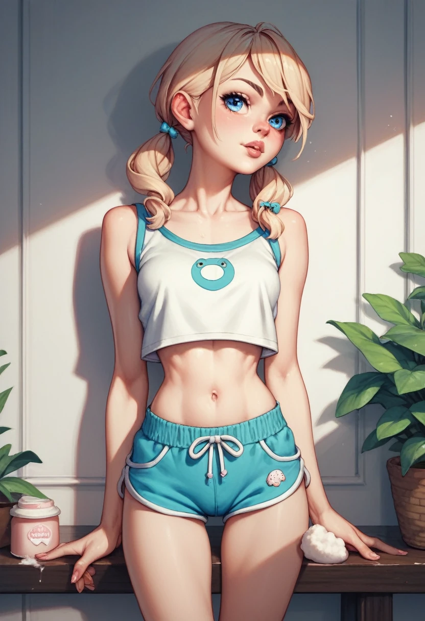 1 pretty teen, short Levander hair with pigtails, blue eyes, little, small waist, skinny, small crop top, cotton short pajama shorts, in panties