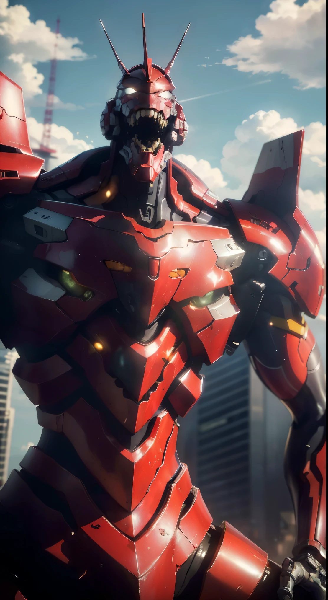 (best quality, 4k, ultra-detailed, highres, masterpiece:1.2), robotic humanoid giant (Eva 02) standing with one foot on top of a building in Tokyo, with an open mouth revealing intricate and detailed teeth and tongue, cables protruding from its back, and a slim and organic body covered in metallic armor.