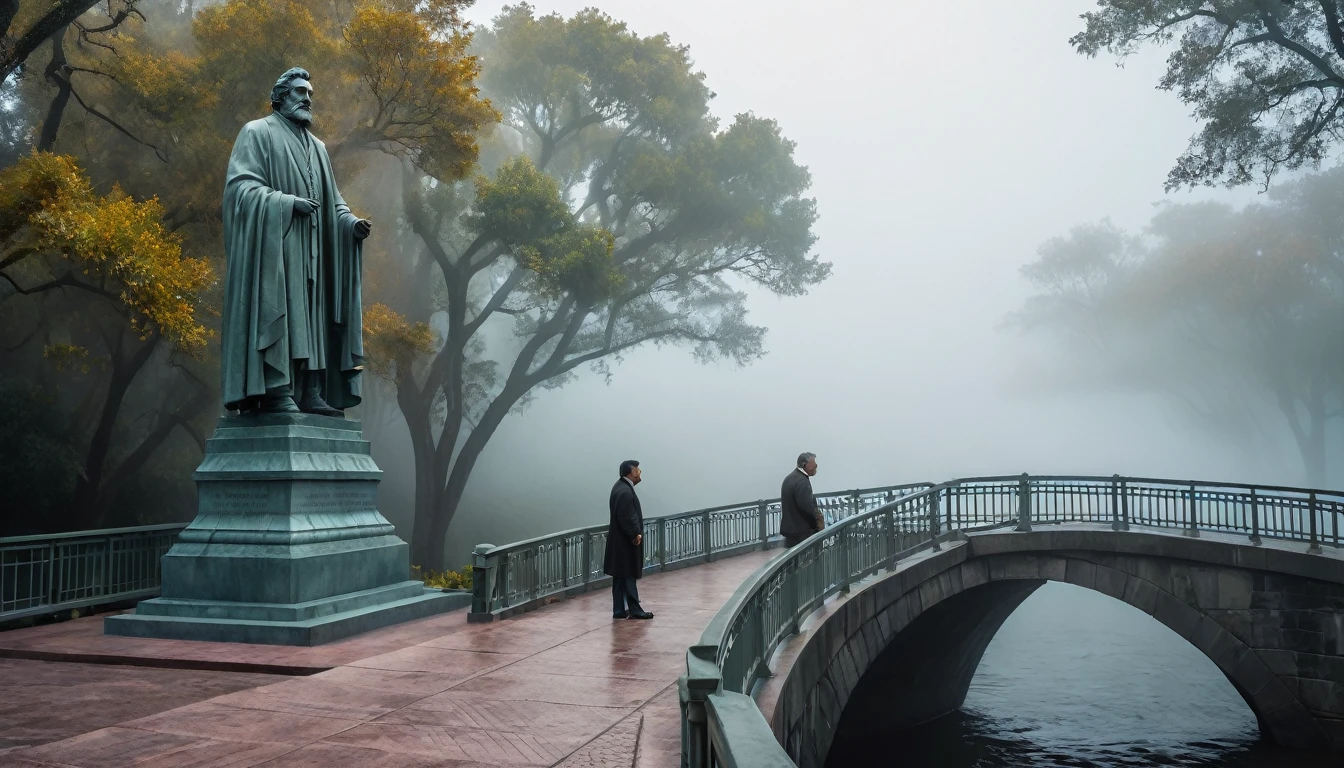 027: When the monument was unveiled, José and Ramón returned to the bridge for one last visit. The fog lingered, but the whispers had ceased. They felt an unprecedented peace in the place, as if the spirits had finally found the rest they sought. José looked at Ramón, knowing that despite the fear and challenges, they had done the right thing, cinematic color tones, detailed scene, real image
