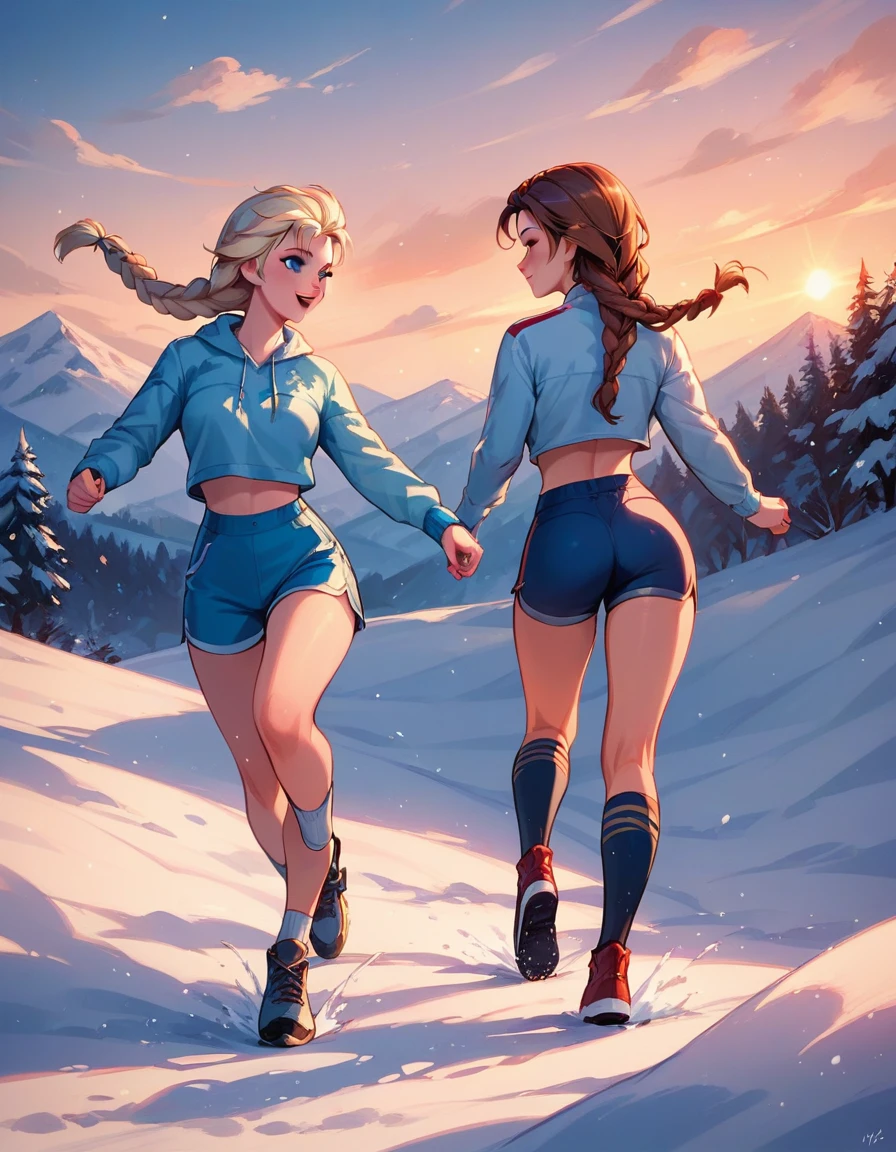 score_9, score_8_up, score_7_up, score_6_up, 2girls, elsa (blonde hair, braid:1.1) and anna (brown hair, braided pigtails:1.3),, romantic scenes, on dates, skiing, lovers, in love, cinematic lighting,, sunset, cowboy shot.