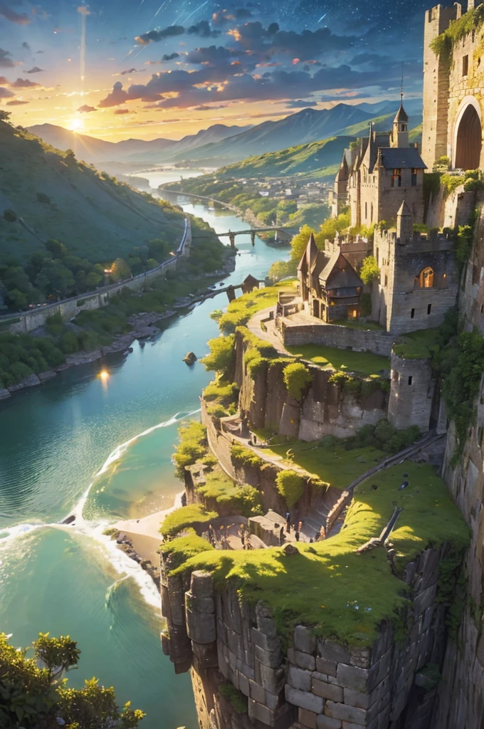 Large city located in medieval times, with big stone walls around it, walls with green mosses, in the southern part there is a mountainous wall, a mountain not so high that at the top of it there is a Sanctuary, In the image we see the orange sunset, the rays lightly touch the mountain over the entire big city.