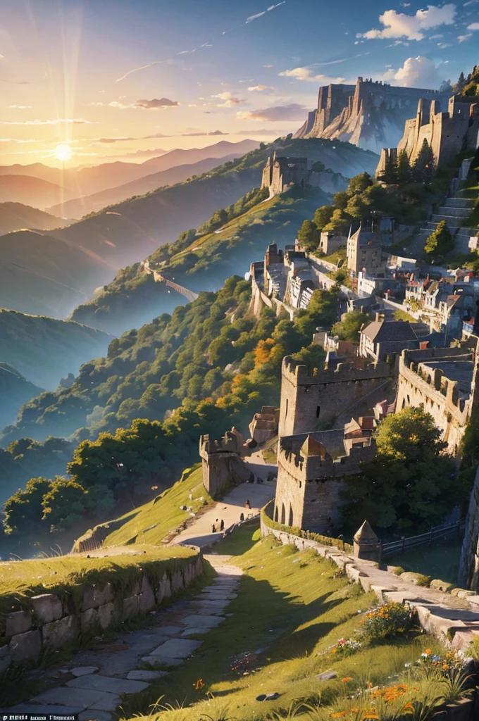 Large city located in medieval times, with big stone walls around it, walls with green mosses, in the southern part there is a mountainous wall, a mountain not so high that at the top of it there is a Sanctuary, In the image we see the orange sunset, the rays lightly touch the mountain over the entire big city.