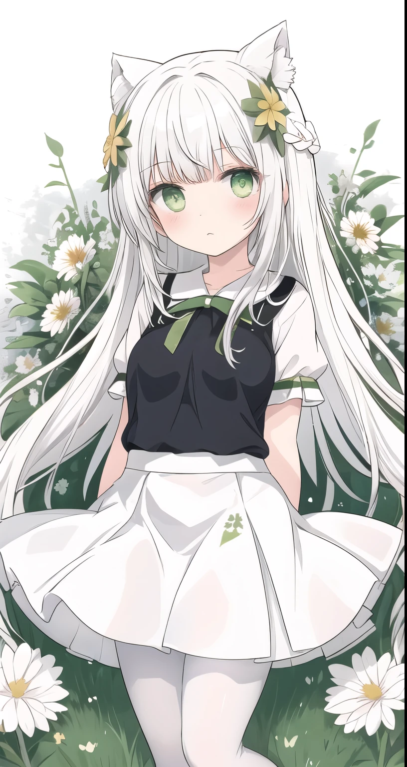 Grass,Flowers,White hair,Green Eyes,White pantyhose,permanent,Very long hair,Light, Lifting Skirt