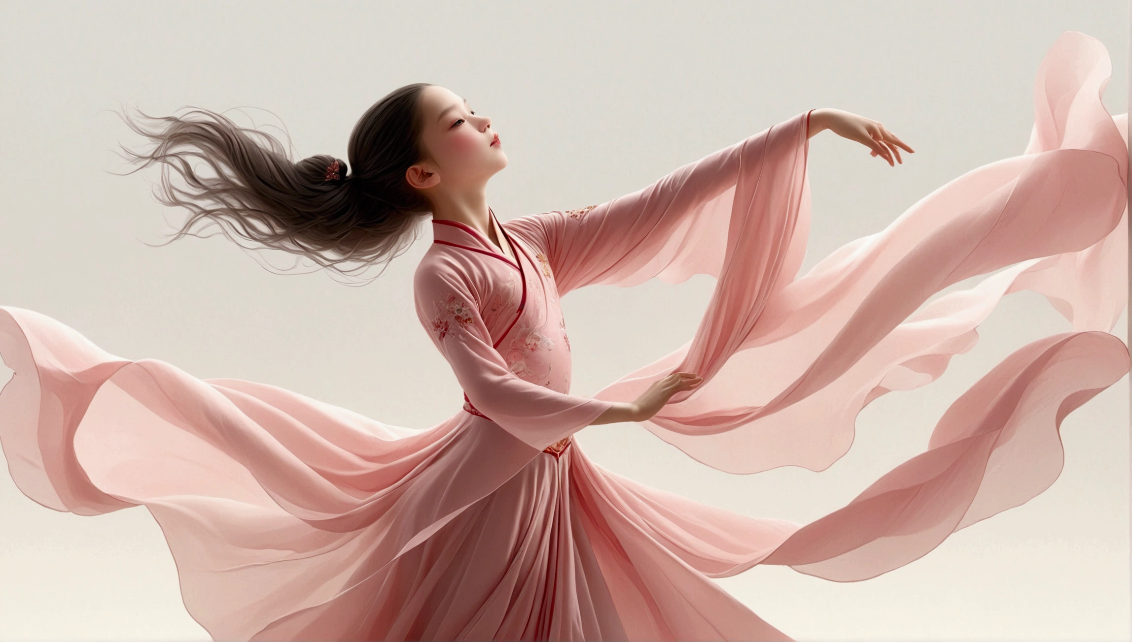 Dance photography;White background,A dancer;A 9-year-old girl in a pink princess dress(Chinese Girl),The movements of the dance;Long hair shawl。whole body,front; Simple style;Depth of Field, Extraordinary details, masterpiece, high quality, 4K,
