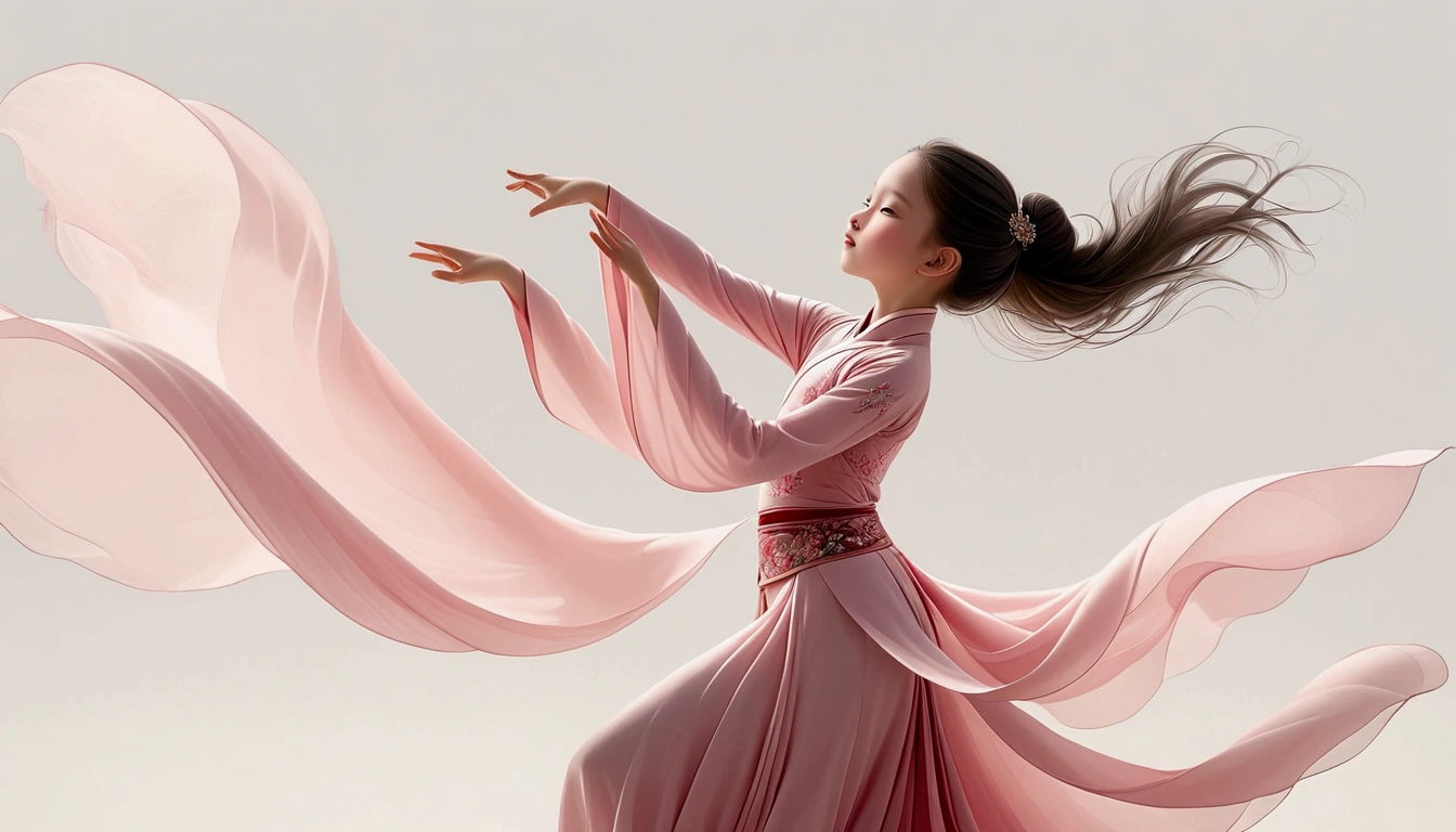 Dance photography;White background,A dancer;A in a pink princess dress(Chinese Girl),The movements of the dance;Long hair shawl。whole body,front; Simple style;Depth of Field, Extraordinary details, masterpiece, high quality, 4K,