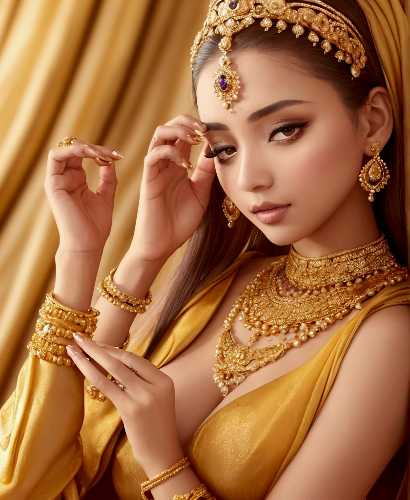 Dressed in golden color, beautiful like a queen, made of silk, with various royal patterns, jewelry made of pearls and sapphires, crowned with beautiful jewels. authoritative, original photos, natural, professional photography. real, best work in the heaven, "Hide the bad fingers"
