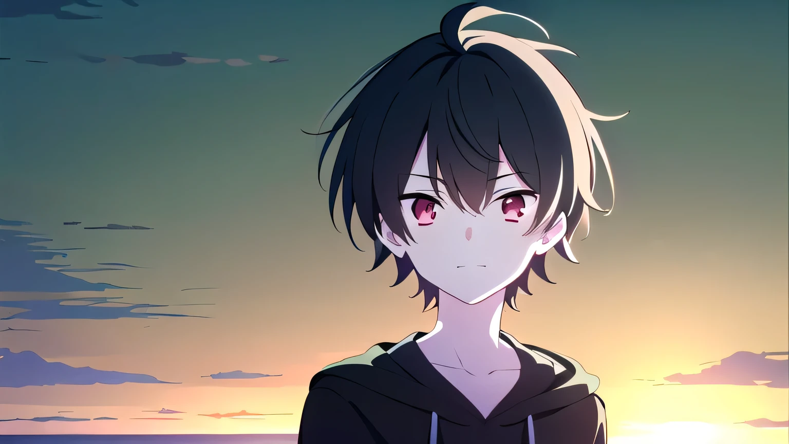  skinny, solo, 1boy, man, male A gloomy appearance,innocent smile,very short hair, short cut hair, black hair, red eyes,messy hair, bangs, messy bangs, cowlick, black hoodie, upper body, theme dark, sunset background,