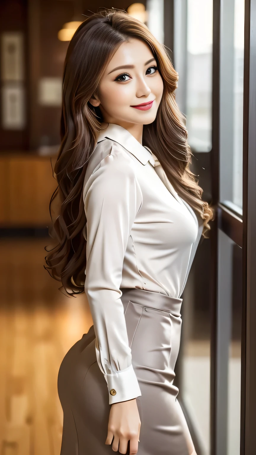 Highest quality,  High resolution, realism, Original photo, 8k wallpaper, Perfect perfection, Professional Lighting, Very detailed, beautiful woman with depth of field)), (A full-body photo from head to toe:1.4)、full body shot、((A 30-year-old neat and tidy female teacher)), ((Smiling face looking at the audience)), Detailed face, Beautiful Eyes, Beautiful medium sized breasts、Wide ass、Good style, (Sexy look), Very light brown hair、Lightly wavy hair、 (Thick lips)、Silk collar blouse、Big Ass、Shapely butt、Grey pencil skirt、High heels、School corridor、Turning around、Exquisitely detailed face, Eyes for exquisite detail, 