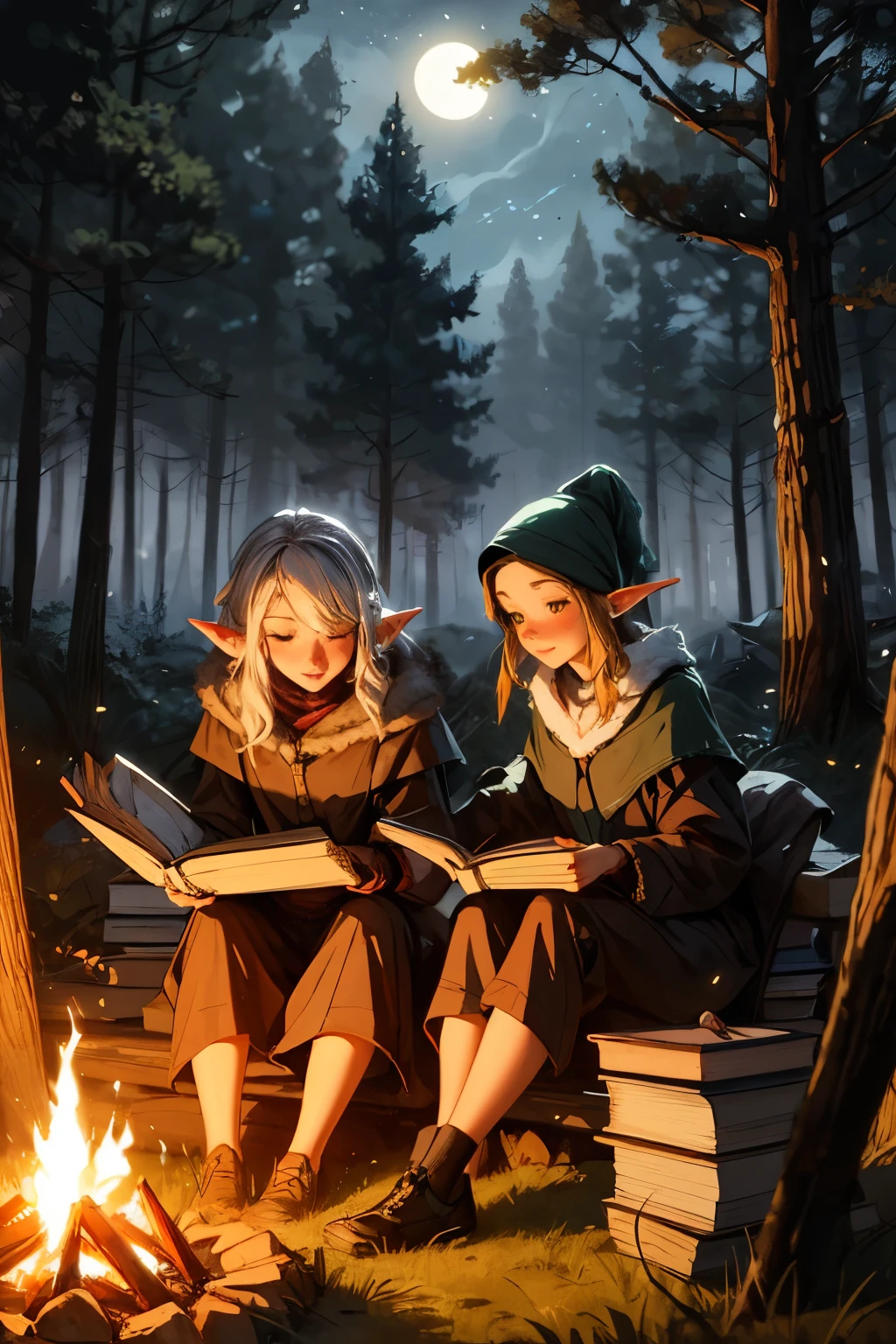 2 female elves leaning on each other as they sit on the ground by a campfire and study books and notes together; fantasy forest; night