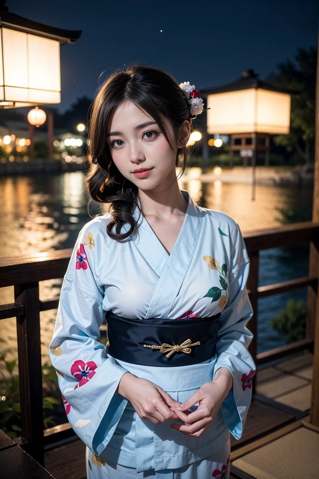 view from below:1.4,front side:0.6,pov,cowboy shot, (8k RAW Photo,Live shooting,Top quality,masterpiece:1.37),Ulzzang-6500-v1.1,extreme light and shadow,oily skin:1.6,shiny skin:1.6,shiny hair:1.3,detailed clavicle,(1 girl in center:1.3),27yo,Japanese idol,(looking at awey)perfect eyes,Detailed and beautiful eyes,beautiful eyelashes,perfect anatomy,BREAK ((light brown hair:1.6),(wevy hair1.2),(updo style hair:1.4),(asymmetric:1.3)),stylish colorful hair ornament:0.9,Red drawstring bag:1.2,(Aqours eyes),Cute smile:1.4,open_mouth:0.9,happy:1.4,Pearl piercing:0.3,Layered bracelets:1.4,BREAK medium breasts,BREAK ((Traditional Japanese yukata:1.4),(Yukata with dark blue Japanese Morning glory pattern print:1.4),(Shiny yellow Yukata_obi:1.6)),BREAK (standing),BREAK ((Colorful fireworks lighting up the night sky:1.6),(A lot of fireworks),(Fireworks venue along the river)),Cinematic,Tyndall effect,depth of field,noise filter:1.6,Grey Film filter,lens flare,bokeh