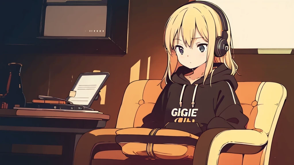 (low contrast), (lofi), (1 girl, blond hair, black hoodie, headphone), (sitting in a chair)