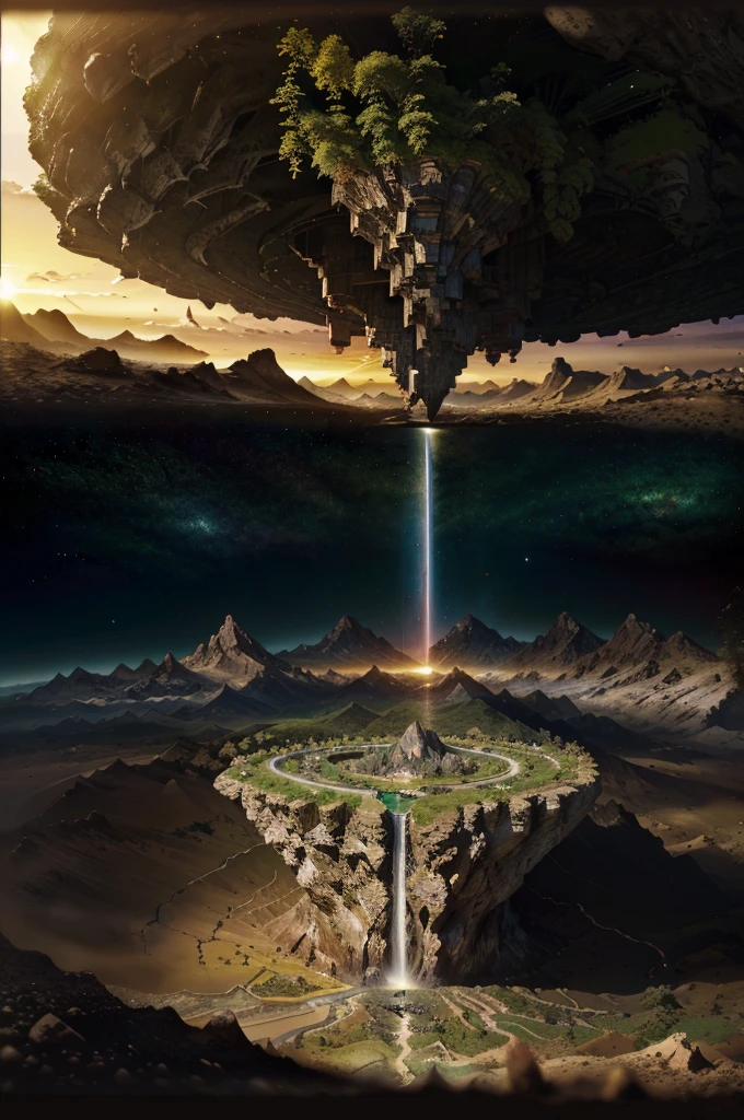 image de paysage merveilleux avec un coucher de soleil, des plans de terre flottants et des cascades