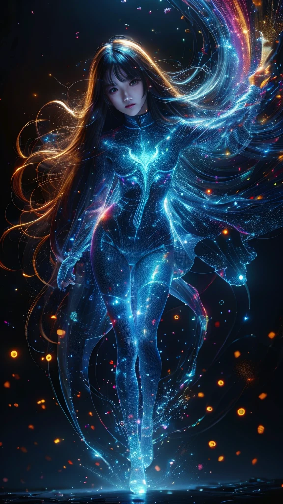 Ultra-Realistic Capture,18k,RAW Photos,Highest quality,masterpiece,reality,Very detailed,Very beautiful woman,Detailed face,Glowing Skin,Rainbow,Automata,cyber punk,18-year-old ,Model body type,slim,So many LEDs,Clothes made of light particles,Mechanical Body Transparent,Very detailedな電子機器,Connection line,Rainbow colors,Very long hair,Black background,whole body,Acrobatic poses,Raise the middle finger,