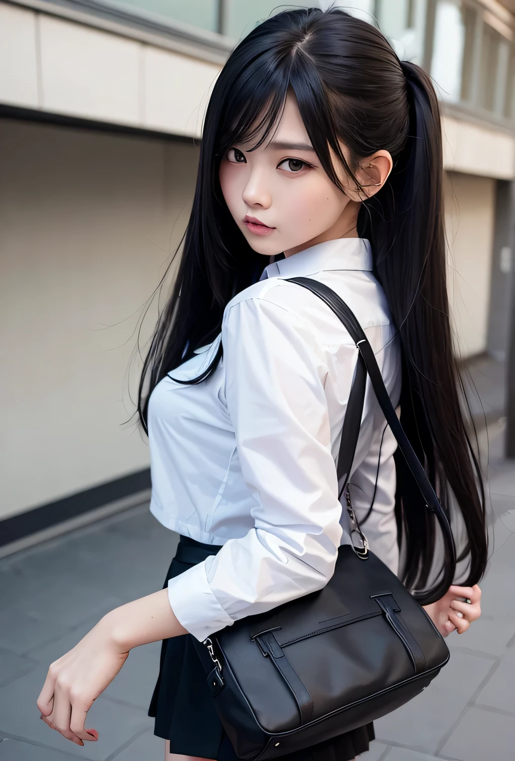 At school, a girl, frontal, long black hair, black short skirt, bag, angry, abusive, super detailed, 4k