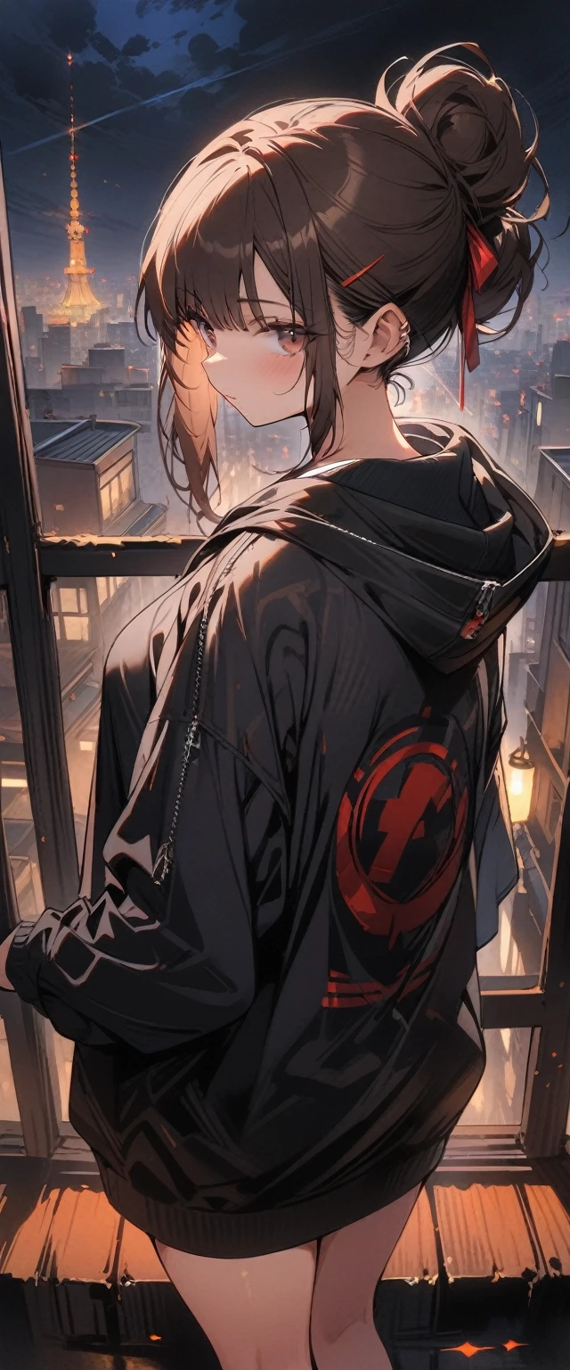 (masterpiece, best quality:1.2), ultra-detailed, high quality, highres, 1girl, solo, pretty woman, beautiful, brown hair, single hair bun, looking at viewer, black hoodie oversize, from behind, standing, feet, full body, city night scene, the roof