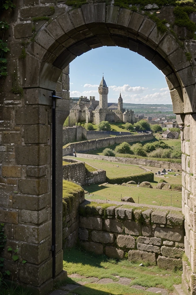 Large city located in medieval times, with big stone walls around it, walls with green moss, we have a view where we practically see the entire city and its gigantic walls.