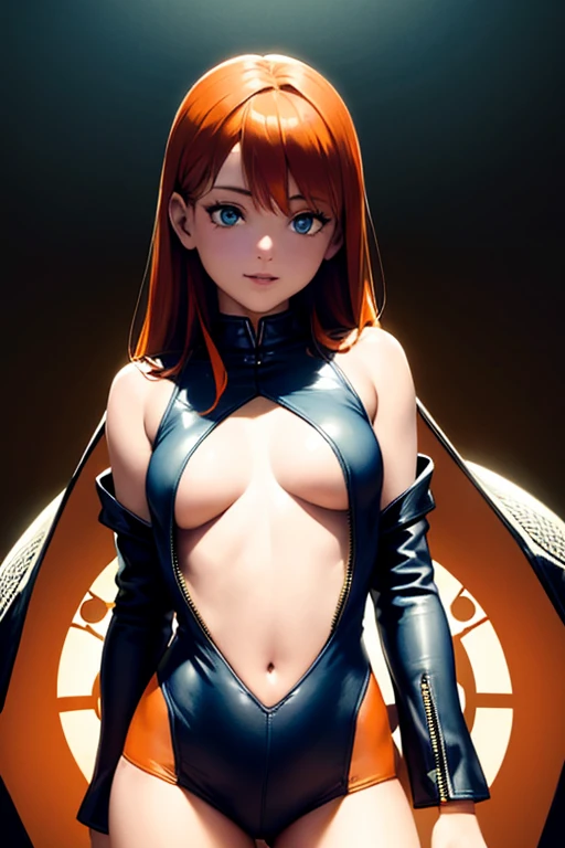 (best quality, highres, ultra-detailed, realistic:1.37), (Misty)), ((blue eyes)) ((orange hair:1.5)) posing for a photo, female steampunk, center open dress, short hem, exposed midriff, (small pert breasts), gothic exile, piercing eyes, extremely detailed eyes and face, detailed lips, long eyelashes, cute, embarassed smile, gothic steampunk atmosphere, Victorian leather jacket, shy posture, vibrant colors