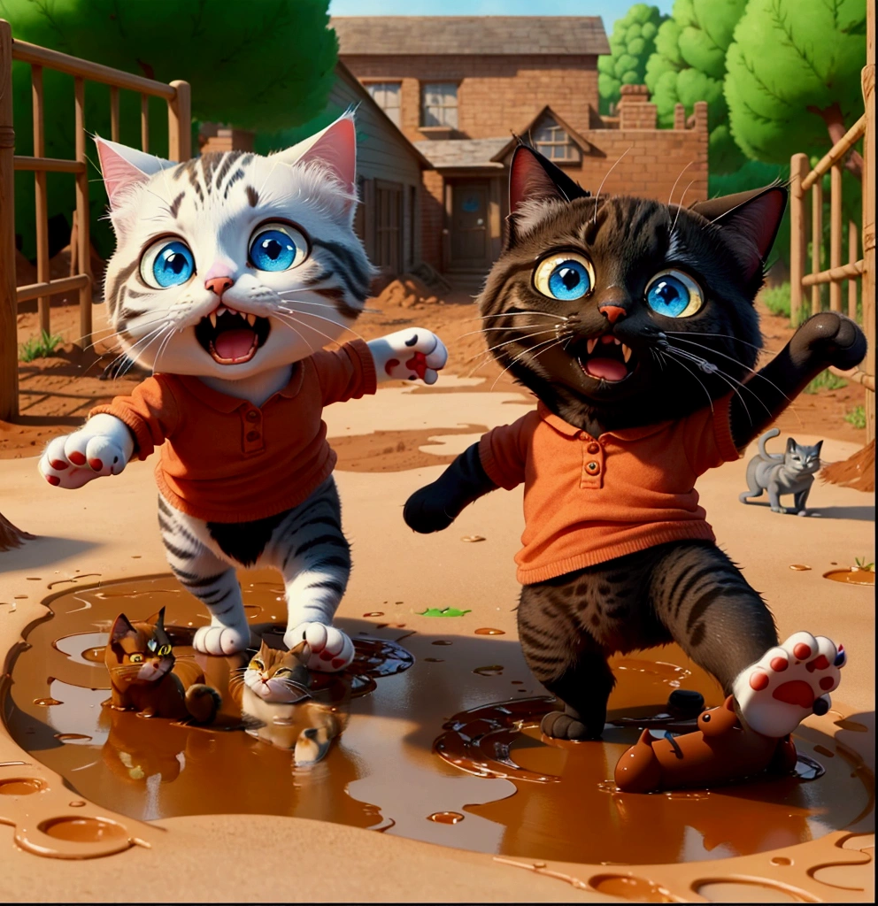 there are two cats playing in the mud, Still from a Pixar film de 2015, animated film scene, animated film, novo filme gatos, frame from pixar film, animated film still, children's animated films, animated film, animated film shot, 3 d animated film, Still from a Pixar film, pixar movie screenshot, sony photo animation