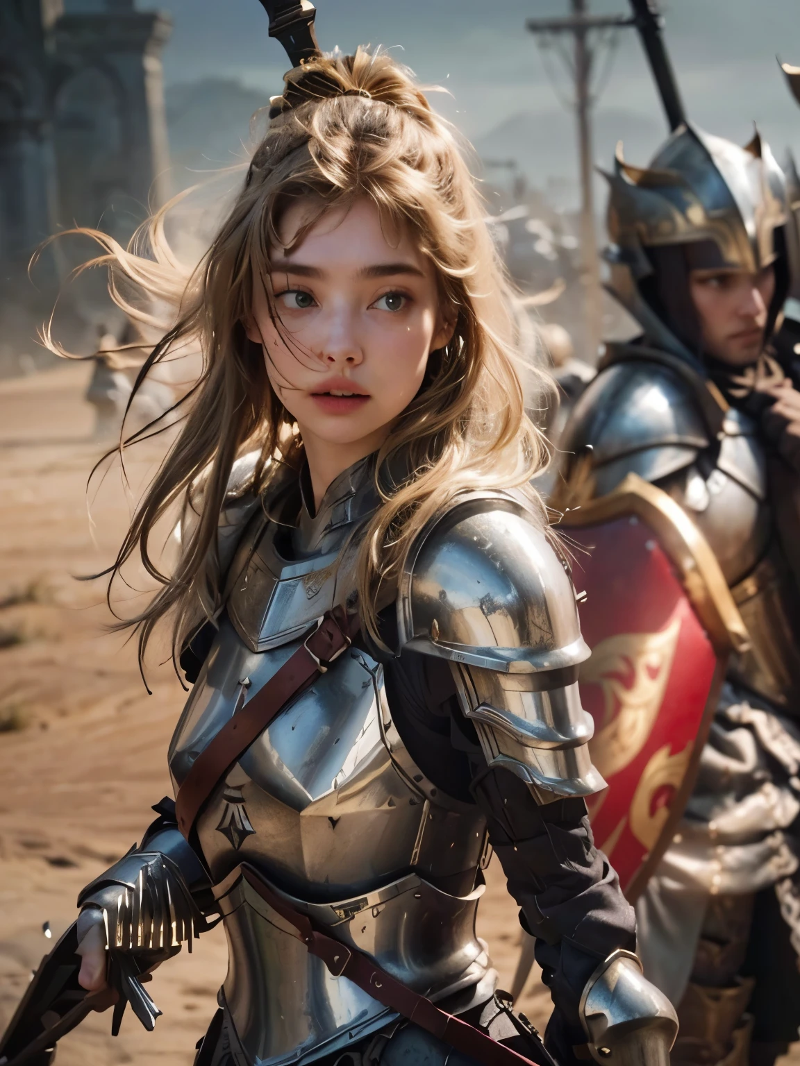 a closeup of a woman with armor and sword, imogen poots como Paladin, imogen poots as ad&Paladin, imogen poots as a holy warrior, of a beautiful woman knight, imogen poots como santo Paladin, beautiful woman knight, imogen poots d&Paladin
