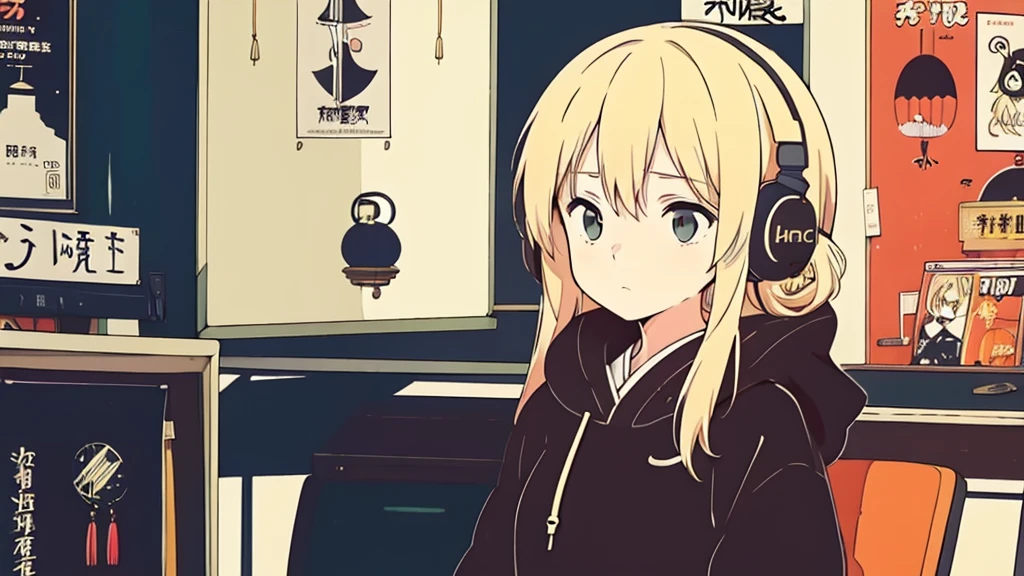 (low contrast), (lofi), (1 girl, blond hair, black hoodie, headphone), (a japanese shop with posters, sitting in a chair)