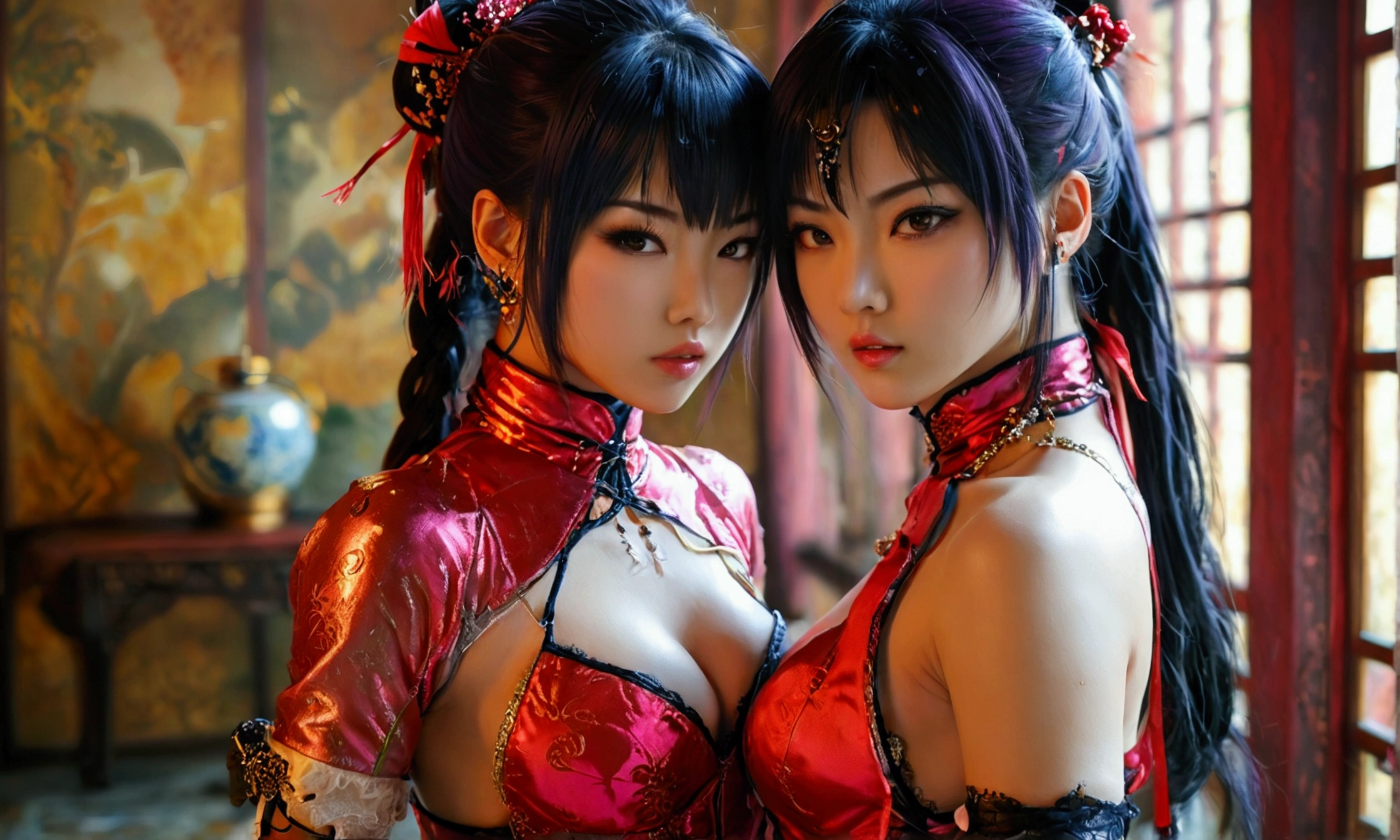 Sexy Ayane and Kasumi from DOA (Dead or Alive), 2 girls, wearing sexy traditional tight asian dresses, wearing dress, noble elegant dress, perfect body shape, seductive poses, full picture, full shot, shot from head to toes, show both head and full legs, wearing stockings, wearing lace stockings, wearing long gloves, wearing high heels or high boots, high heels, high boots, wearing long gloves, wearing corsait, wearing choker, heavy makeup, ponytail, looking like ninja, ninja, looking like kunoichi, kunoichi, vivid eyes, standing, making out, kissing passionately, violent, aggressive, using violence, hugging, one is pushed to the wall and her backs are touching the wall, rich palace bedroom background