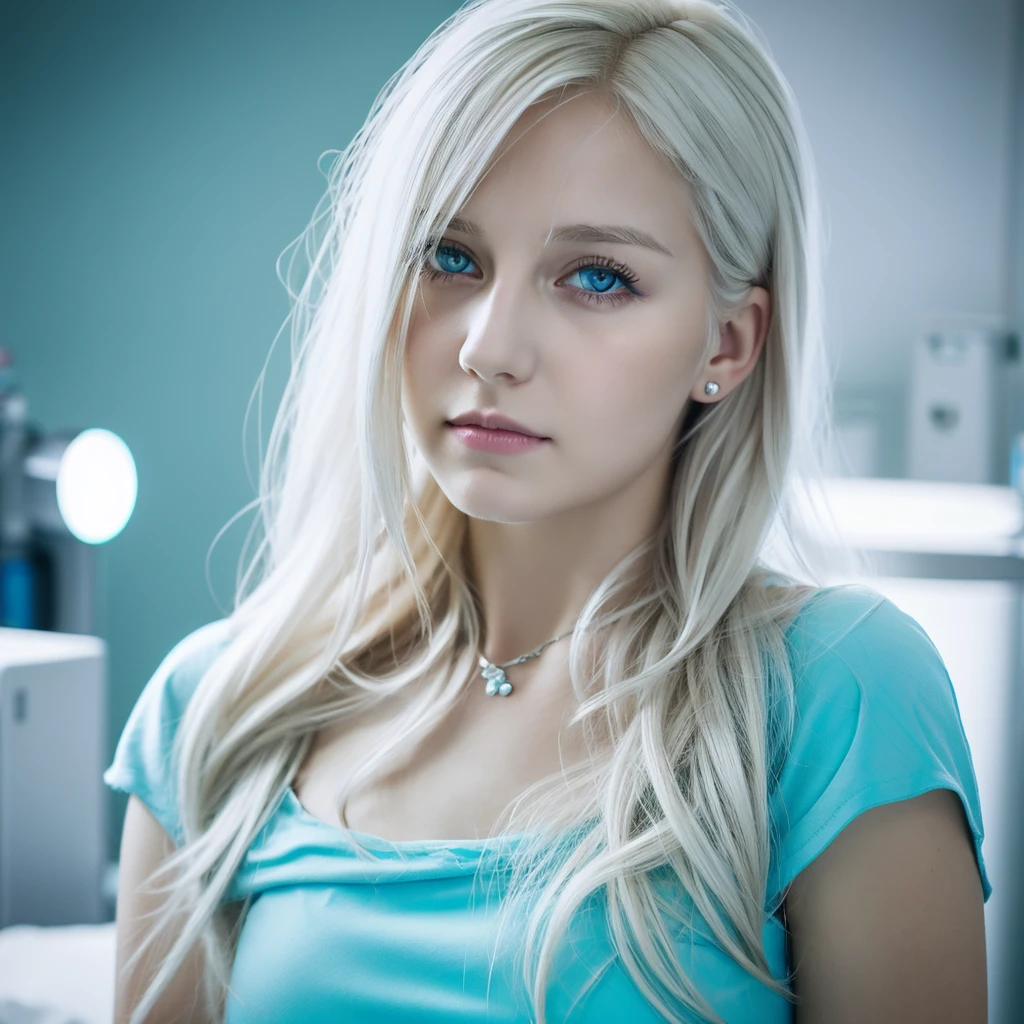 Create image of a beautiful young woman with platinum blonde medium hair and light gray eyes German style fair skin and fluffy lips crying in a hospital wearing a Tiffany blue dress