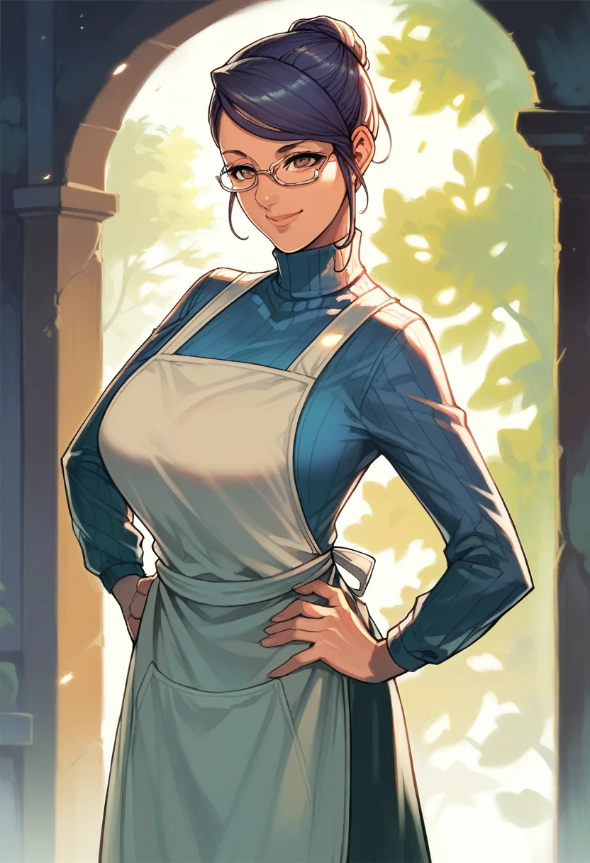 (((Masterpiece))), best quality, cowboy shot, perfect anatomy, realistic face, outdoors, sunny, warm sunlight, backlighting, dramatic lighting, painterly 1girl, hair bun, glasses, turtleneck, solo, apron, three quarter view, hands on own hips, light smile, large breasts, (milf), glasses, smile, dynamic pose, side locks, swept bangs, semi-rimless eyewear