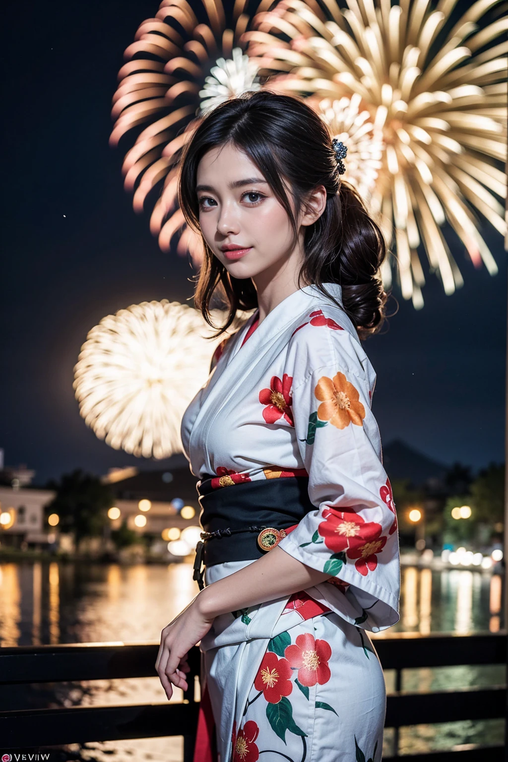 view from below:1.4,front side:0.6,pov,cowboy shot, (8k RAW Photo,Live shooting,Top quality,masterpiece:1.37),Ulzzang-6500-v1.1,extreme light and shadow,oily skin:1.6,shiny skin:1.6,shiny hair:1.3,detailed clavicle,(1 girl in center:1.3),27yo,Japanese idol,(looking at awey)perfect eyes,Detailed and beautiful eyes,beautiful eyelashes,perfect anatomy,BREAK ((light brown hair:1.6),(wevy hair1.2),(updo style hair:1.4),(asymmetric:1.3)),stylish colorful hair ornament:0.9,Red drawstring bag:1.2,(Aqours eyes),Cute smile:1.4,open_mouth:0.9,happy:1.4,Pearl piercing:0.3,Layered bracelets:1.4,BREAK medium breasts,BREAK ((Traditional Japanese yukata:1.4),(Yukata with dark blue Japanese Morning glory pattern print:1.4),(Shiny yellow Yukata_obi:1.6)),BREAK (standing),BREAK ((A lot of fireworks in the background),(Colorful fireworks lighting up the night sky:1.6),(Fireworks venue along the river)),Cinematic,Tyndall effect,depth of field,noise filter:1.6,Grey Film filter,lens flare,bokeh