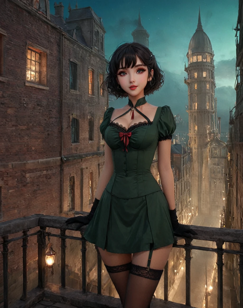 (Masterpiece:1.2), (Top quality: 1.2), Super high resolution, Very detailed,. BREAK. , ((Anime girl standing with happiness in her hands)), Crazy girl, (1,Lolita,Boyish, , 12 years old: 1.3), daughter of severus snape ,Light smile, , Girl looking like a boy, Bob-cut hair, Shaggy hair, Very large breasts, nubile, slender body, overflowing with soft fat mass. Small hips, Vertically large eyes, Fine and beautiful eyes, Well-proportioned irises and pupils, Expressive eyes, Beautifully detailed lips, High resolution detailed black hair, Perfect green eyes, Perfect face, Super dense skin, Full fingers, Perfect lighting,. BREAK,. ((light green necklace)), ((black and red fine dress: 1.3)), light green tie, shining sapphire, lady, wearing white gloves,. BREAK. , (Steampunk), Castle balcony, Skyscraper, Night view, Equipment, Ancient ruins, Tradition, Overwhelming, Magnificent, Steam, Pipes, (Steam spewing out from pipes:1.2), Fantasy, Victorian other world, Early 19th century, Road, trees, clouds, night sky, shading, effects, detail. Masterpiece background, BREAK. ((Positive: 1.3)),. BREAK. , digital animated art, cartoon-style illustrations, cartoon illustrations