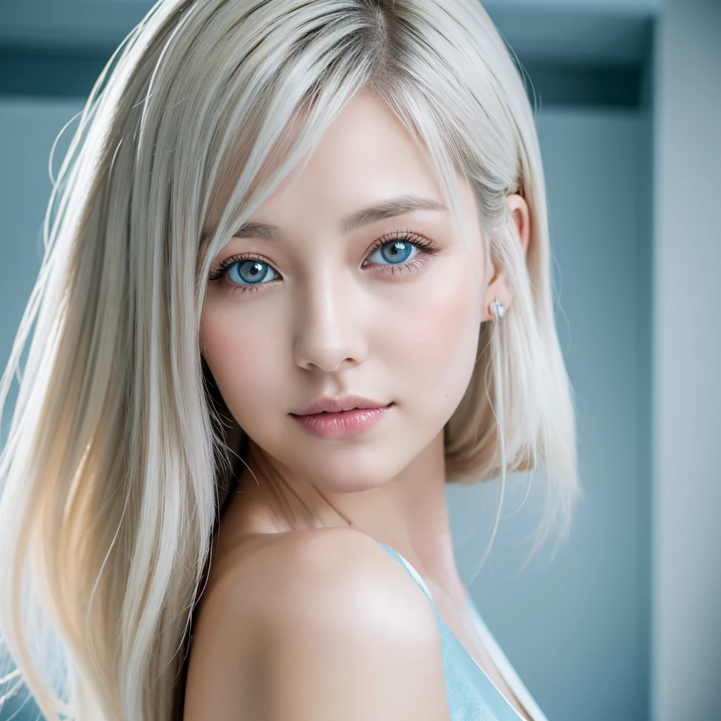 Create image of a beautiful young Asian woman with medium length hair, platinum blonde and light gray eyes with fair skin, German style and cute lips in a hospital wearing a Tiffany blue dress
