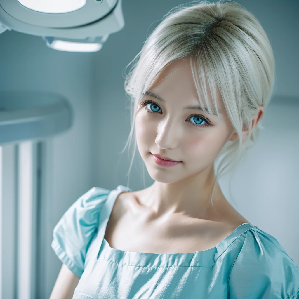 Create image of a beautiful young Asian woman with medium length hair, platinum blonde and light gray eyes with fair skin and cute lips in a hospital wearing a Tiffany blue dress