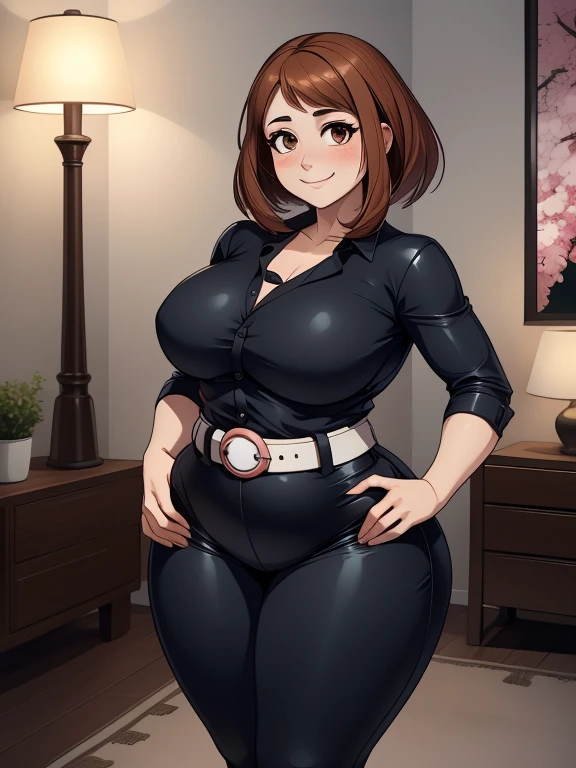 high quality, best quality, beautiful, perfect lighting, detailed face, mature face, ((1girl)), ((solo)), Imagine Ochaco Uraraka as an adult, 45 years old, MILF, plus sized milf, short brown hair, brown eyes, ((blush)), smile, looking at viewer, black leather pants, dark blue shirt, white belt, white heels, ((medium breasts)), wide hips, thick thighs, plump figure, love handles, muffin-top, round belly, protruding gut, living room, hands on hips,
