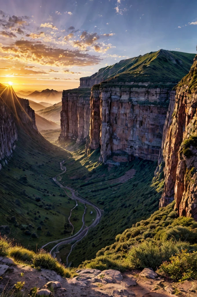 image de paysage merveilleux avec un coucher de soleil, des plans de terre flottants et des cascades