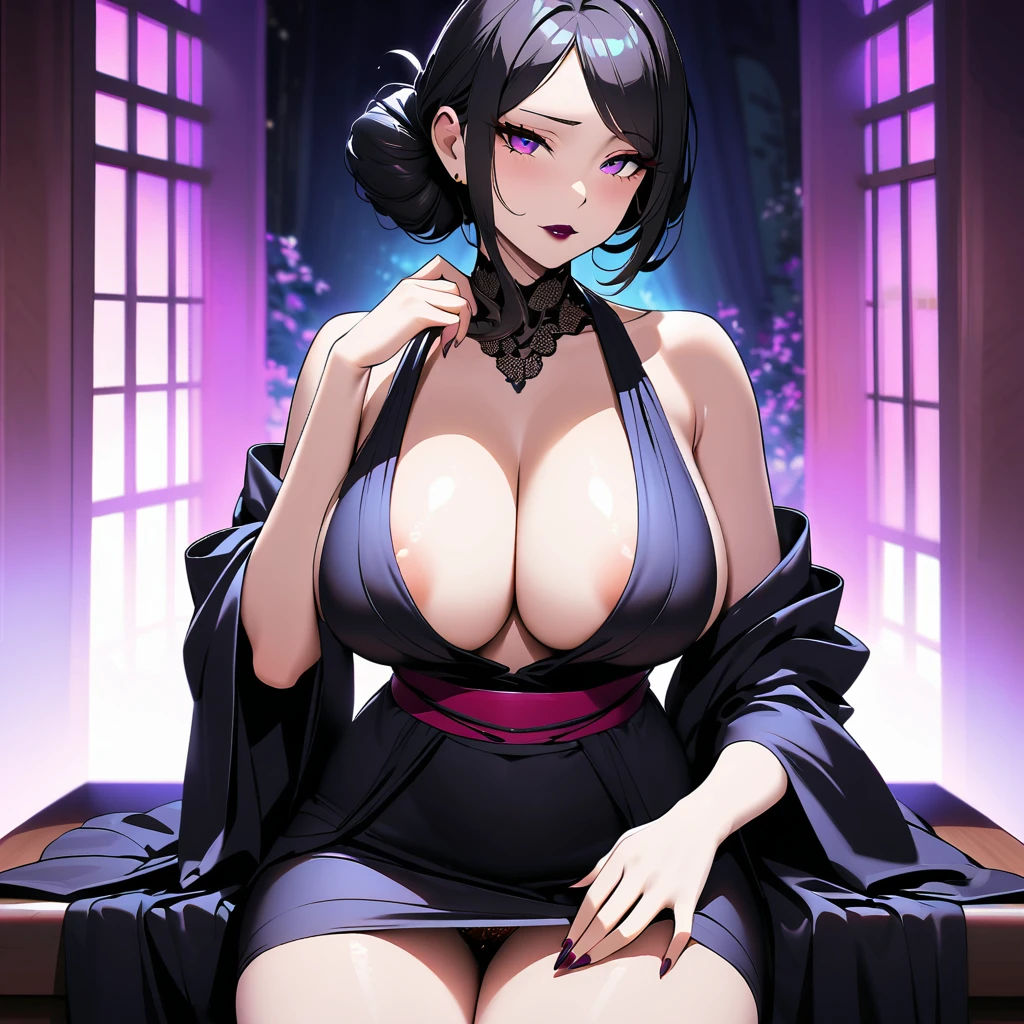 (A bewitching 35-year-old Japanese widow, clad in a stunning black mourning kimono, stands solo beneath the eaves of a funeral parlor on a moonlit night. Her Chestnut French Roll Hair cascades down her back like a waterfall of darkness, while her dark red lips seem to whisper secrets to the shadows. Her hands rest delicately over her crotch, exuding an aura of mysterious allure as she surveys the somber surroundings with an air of seductive quietness., The white smoke from the incense sticks drifts thinly like mist., A background effect that represents swirling anxiety), ((nsfw, masterpiece, incredibly absurd resolution, absolutely resolution, ultra high resolution, Mature Female, MILF, professional, vivid colors, perfect anatomy, ideal facial features, ideally proportioned figure, perfectly beautiful body, super detailed skin, glossy skin, glistening skin, Glamor, soft and curvy, body conscious, collarbone, cleavage, saggy huge breasts, evil seductive smile)), straight-on, Core shadow, perspective, look up, looking down