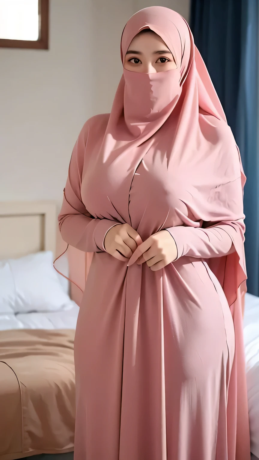  a beautiful young woman hijab, (((super big breast))), (very big breast covered) perfect face, (((very huge big breast,))), curvy shaped body, 
cleavages,((( Big Breast))) long dress muslim, (((covering mouth, long veil))), Slim Face、20 years old, stil young, Pretty Lady,  smile eyes, sleep in bedroom, stand up, (big breast covered) , see full image