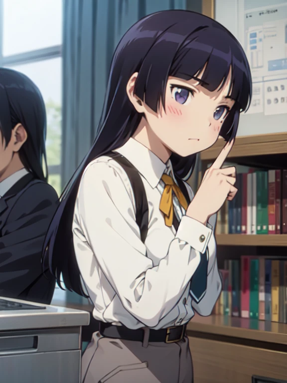 girl, solo, (ruri gokou), (lawyer), (Court), Grey suit, pants suit, (Badge on left chest), Hime cut, (court), Classical architecture, Wide々としたCourt, (With the audience watching), 照女性lawyerの態度,Professional Attitude、to point at