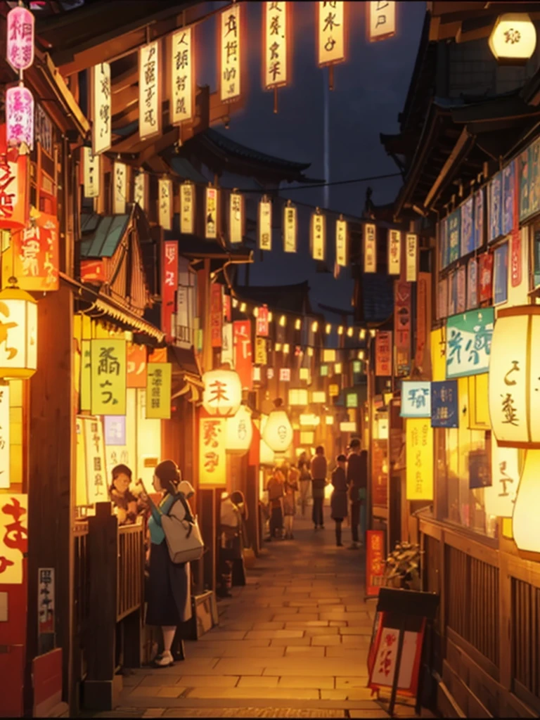 (wide shot) A central square, medieval Japanese city, buildings in traditional Japanese style, lanterns lighting the night, people celebrating