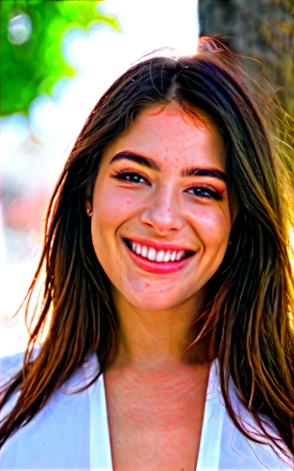 ultra realistic long photorealistic image of the face and body of a 23 year old girl with a beautiful face, with deep brown eyes, that fascinate anyone, who meets them. Her brown hair, decorated with light shades, gracefully falls on the shoulders, elegantly framing her face. Full lips paint a smile, add a touch of mystery and charm. Her beauty is a harmonious combination of unique and captivating features., what makes her irresistibly attractive. - Draw the viewer into the whimsical charm of the look, deliberately avoiding direct eye contact with the camera., focusing to the right. Topic, decorated with bright makeup, wears charming, a slightly gloomy facial expression and a delightful laugh. With half-closed eyes and a playful pose, moment in time becomes a mixture of tantalizing mystery and sincere joy.