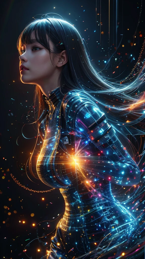 Ultra-Realistic Capture,18k,RAW Photos,Highest quality,masterpiece,reality,Very detailed,Very beautiful woman,Detailed face,Glowing Skin,Rainbow,Automata,cyber punk,18-year-old ,Model body type,slim,So many LEDs,Clothes made of light particles,Mechanical Body Transparent,Very detailedな電子機器,Connection line,Rainbow colors,Very long hair,Black background,whole body,Large Breasts,Acrobatic poses,Raise the middle finger,neon,Long limbs,